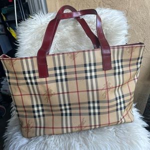 Burberry Beige/Red Haymarket Check PVC And Leather Tote